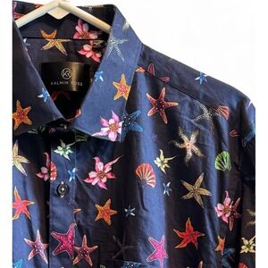 Kalmin Ross Mens XL Navy Starfish Shell Floral Print Button Down Shirt LS